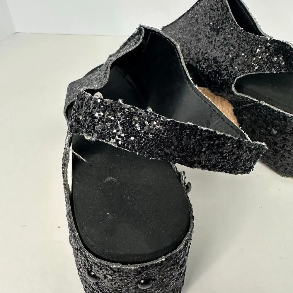 Black Glitter Wedges Sparkly Sandal | Women Size 7.5